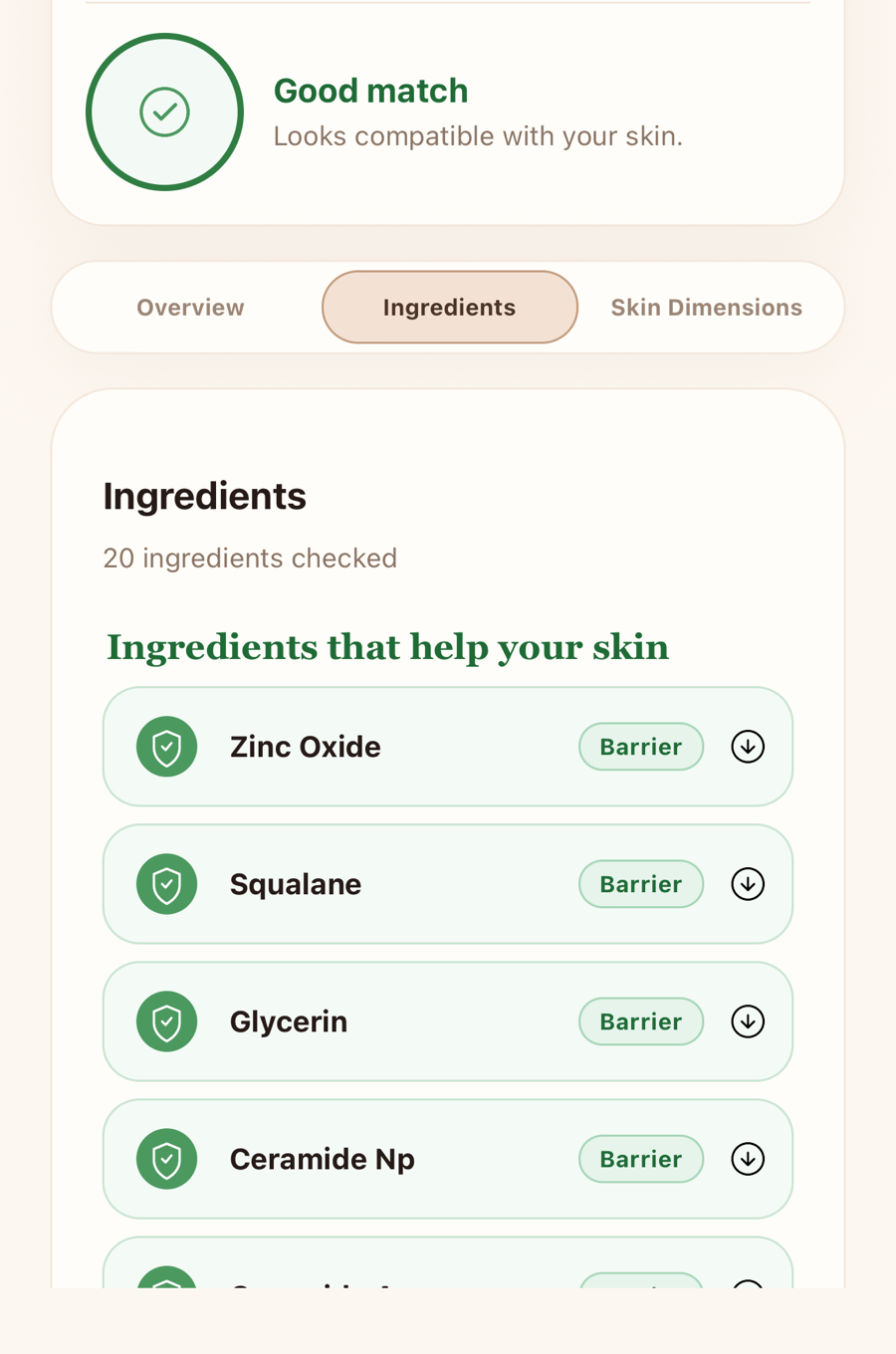 A Cosnetix result reading Good match, looks compatible with your skin, followed by the ingredients checked.