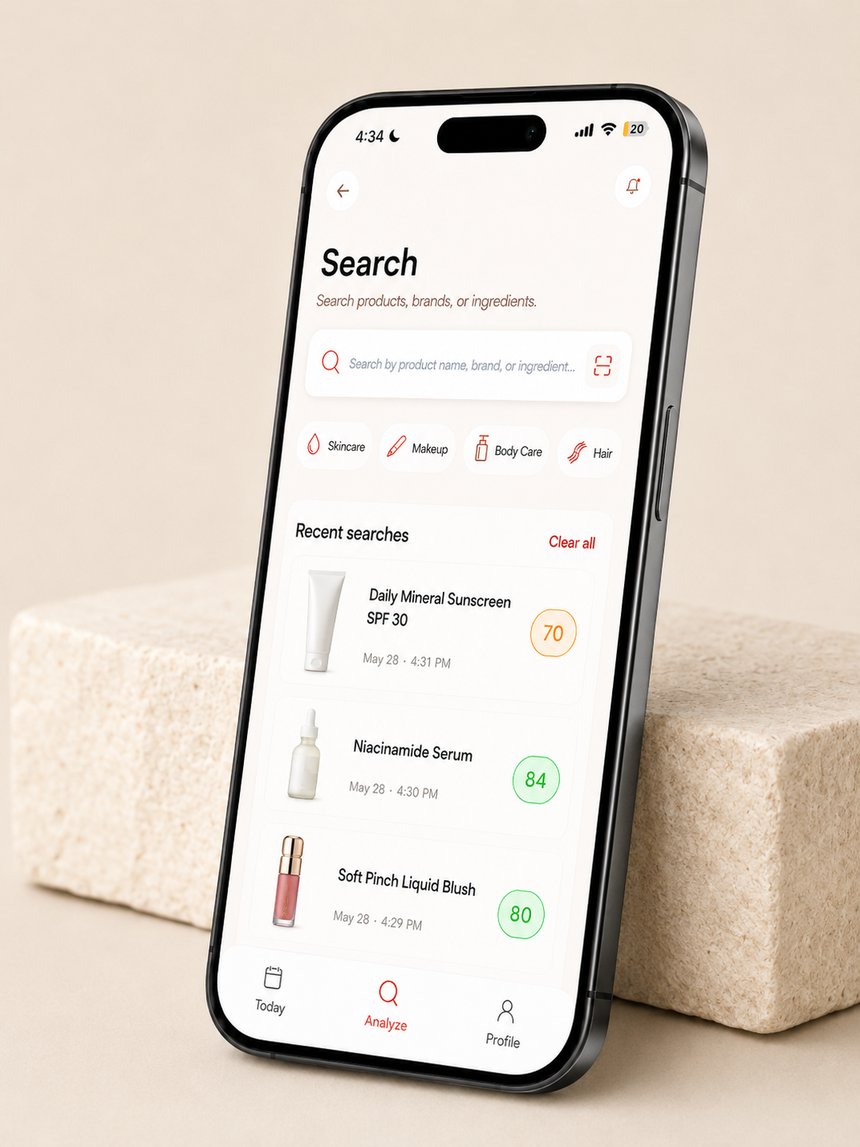 The Cosnetix app's search screen on a phone, showing recent product checks with their compatibility scores