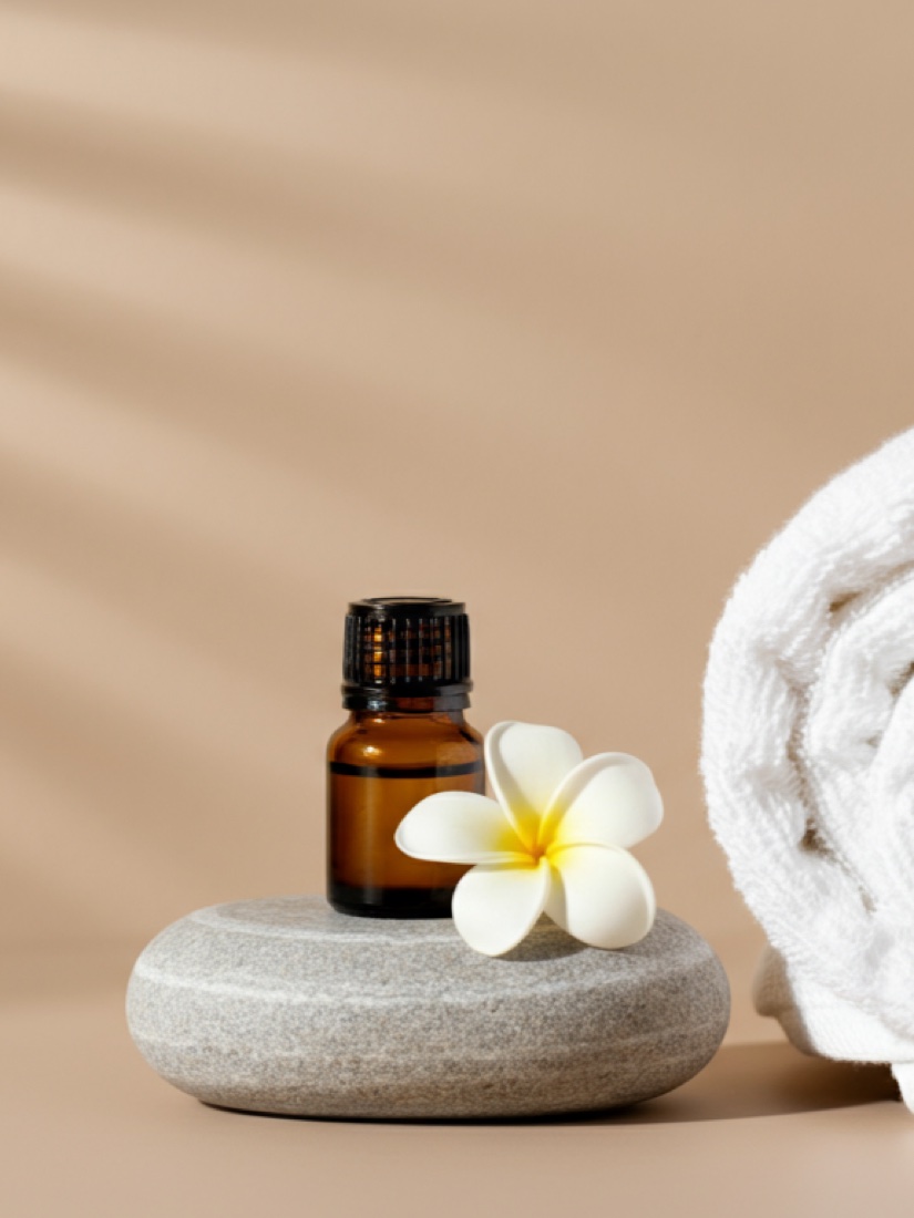 A skincare oil bottle on a stone beside a rolled towel